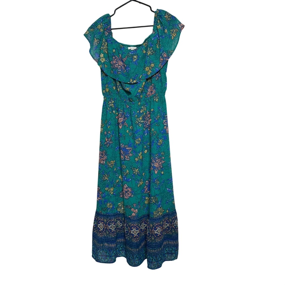 Maurices Womens Green Floral Off Shoulder Ruffle Midi Dress Size Small Boho